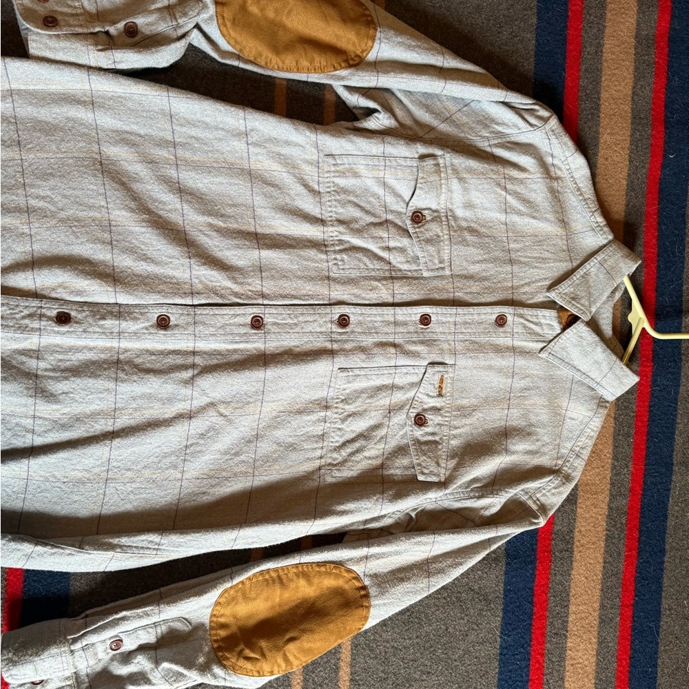 Orvis Gray Button-Up Flannel Shirt with Tan Elbow Patches, men’s large.